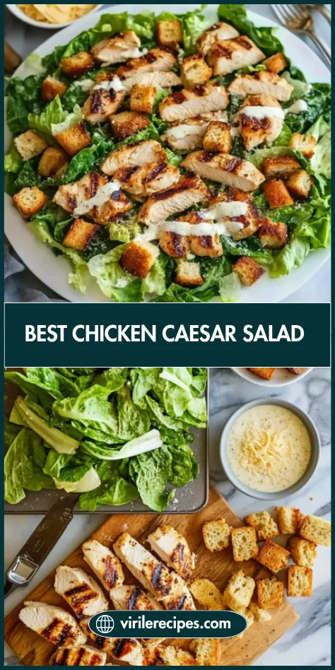 Grilled chicken Caesar salad with homemade croutons, fresh romaine, Parmesan, and creamy dressing, prepped and plated with ingredients on the side.
