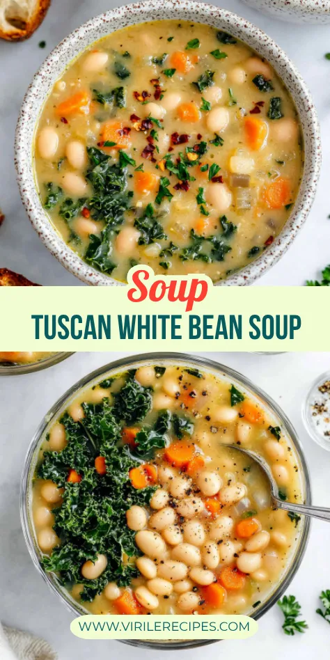 Two bowls of creamy Tuscan white bean soup with kale and carrots, garnished with parsley and red pepper flakes, perfect for cozy meals