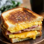 Gooey egg and ham breakfast sandwich with melted cheddar, served on toasted bread with a side of coffee
