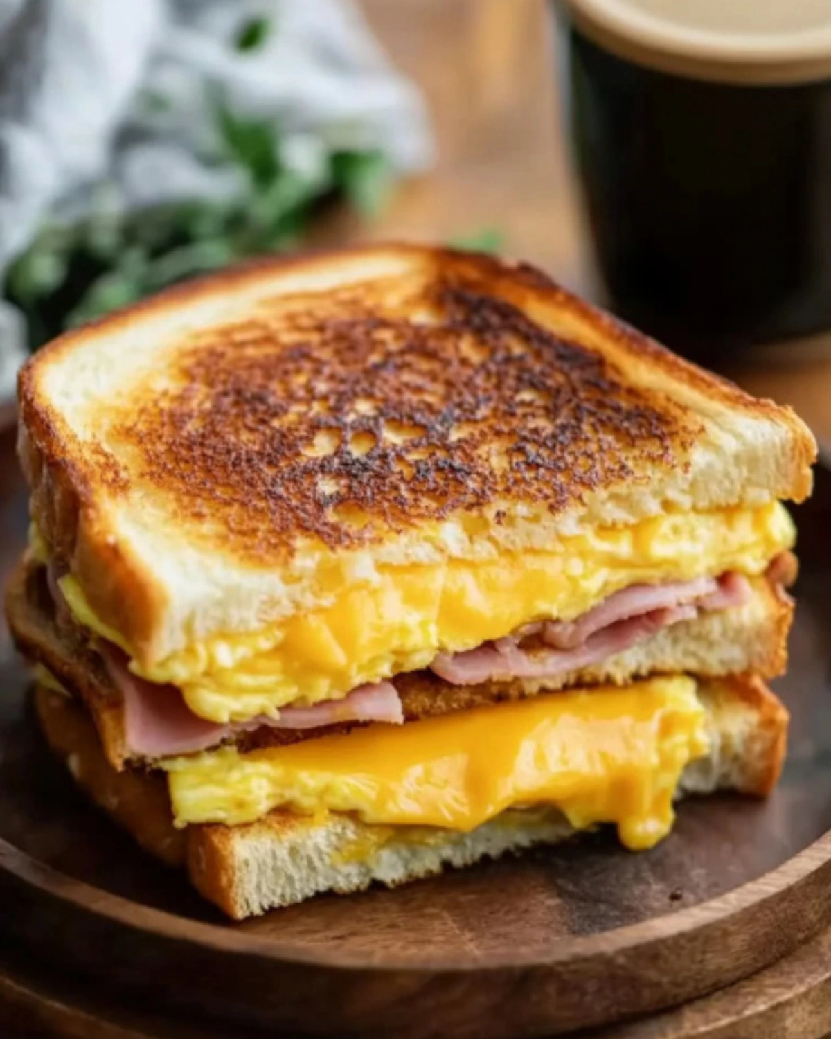 Gooey egg and ham breakfast sandwich with melted cheddar, served on toasted bread with a side of coffee