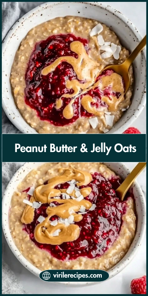 Two bowls of peanut butter and jelly oatmeal with raspberry chia jam and peanut butter swirls, featured on Virile Recipes.