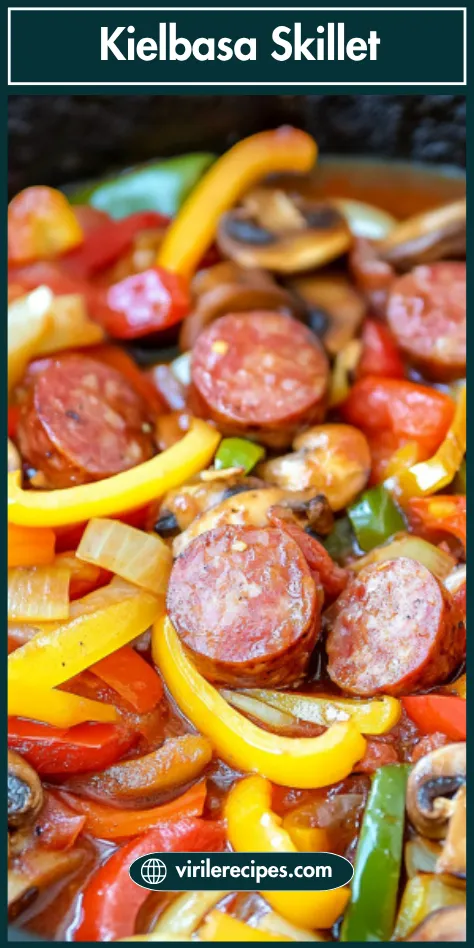 Vertical image of a kielbasa skillet with vibrant vegetables and juicy sausage in a tomato-based sauce, labeled “Kielbasa Skillet.”