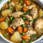 Overhead view of rustic chicken stew with carrots, peas, and potatoes in a white bowl