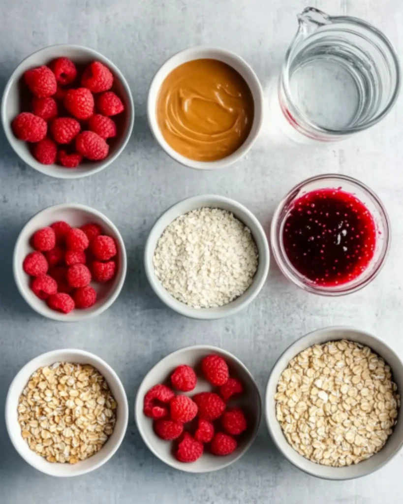 Flat lay of peanut butter and jelly oats ingredients in small bowls including oats, peanut butter, raspberries, chia jam, and water.