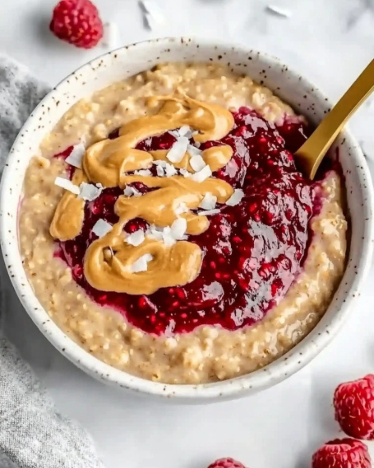 Creamy peanut butter and jelly oatmeal in a white bowl with chia jam and coconut flakes, gold spoon inside.