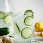 Glass of lemon ginger cucumber water with ice and floating cucumber slices