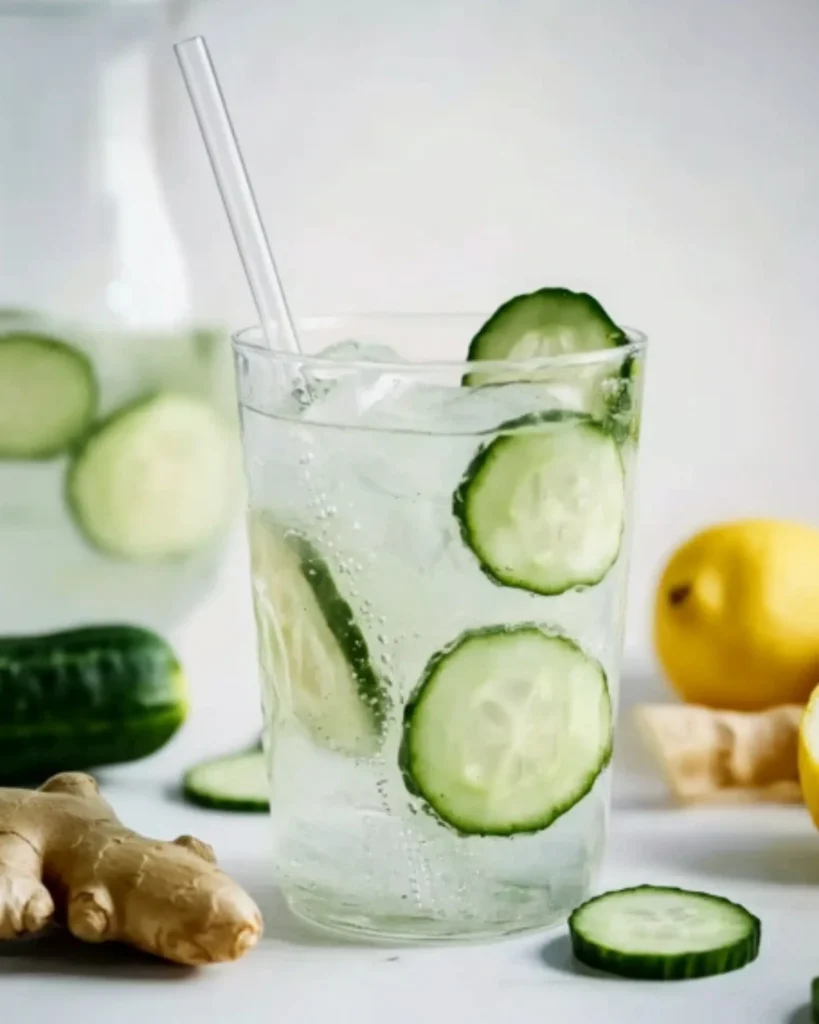 Glass of lemon ginger cucumber water with ice and floating cucumber slices