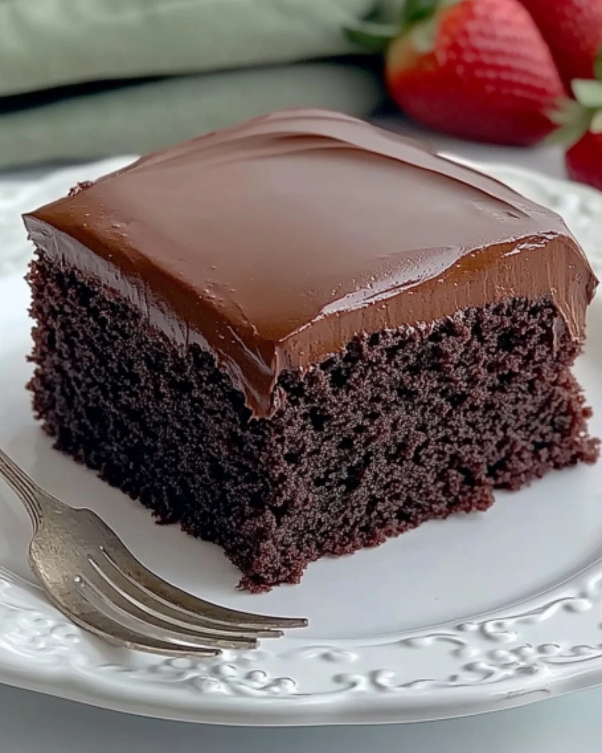 Square slice of moist chocolate cake with thick chocolate frosting on white plate and vintage fork