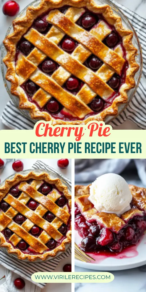 Collage showing a whole cherry pie with golden lattice crust and a slice served with ice cream on a white plate