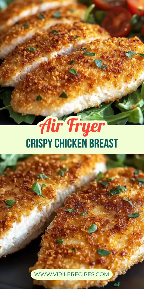 Sliced crispy air fryer chicken breast on a bed of greens with golden breadcrumb crust and fresh herbs