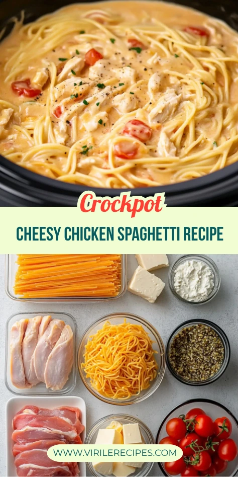 Vertical collage of CrockPot cheesy chicken spaghetti and its raw ingredients, labeled for Pinterest.