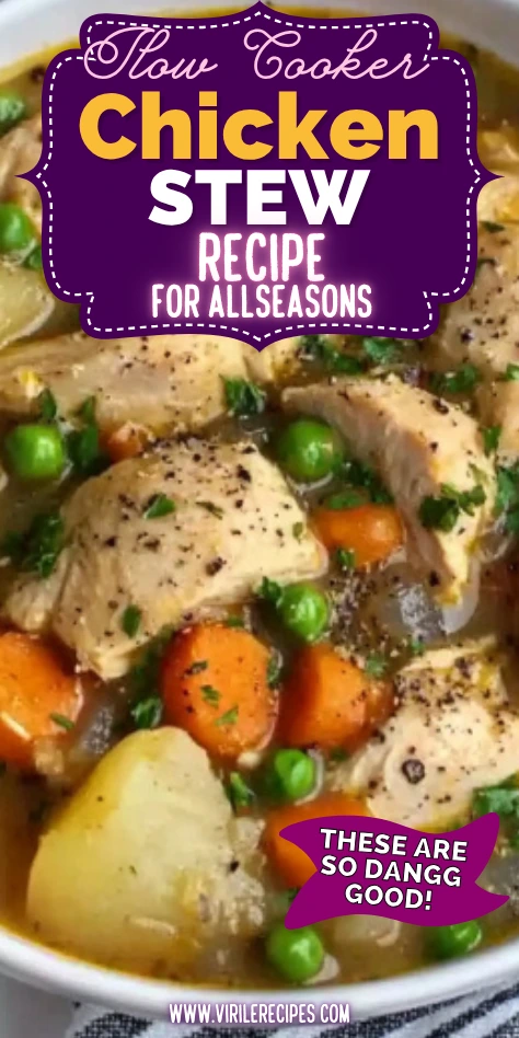 Slow cooker chicken stew with carrots, peas, and potatoes in a hearty broth with text overlay