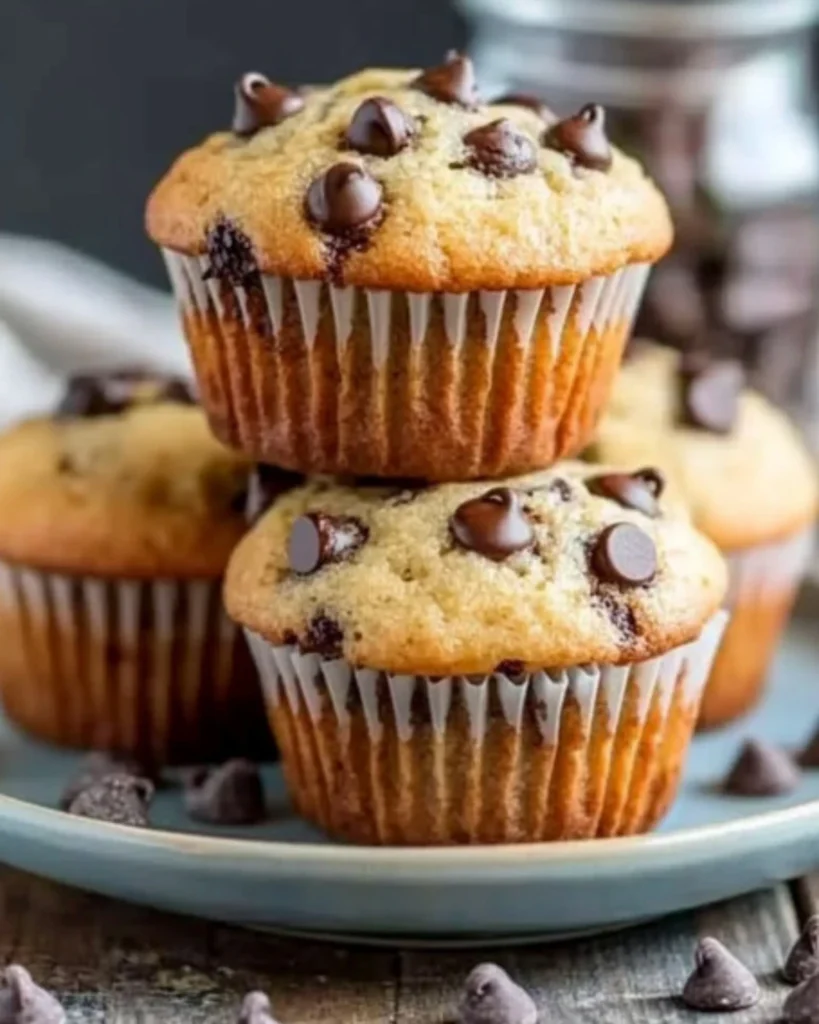 Chocolate chip protein muffins arranged on a plate, surrounded by loose chocolate chips on a wooden surface.