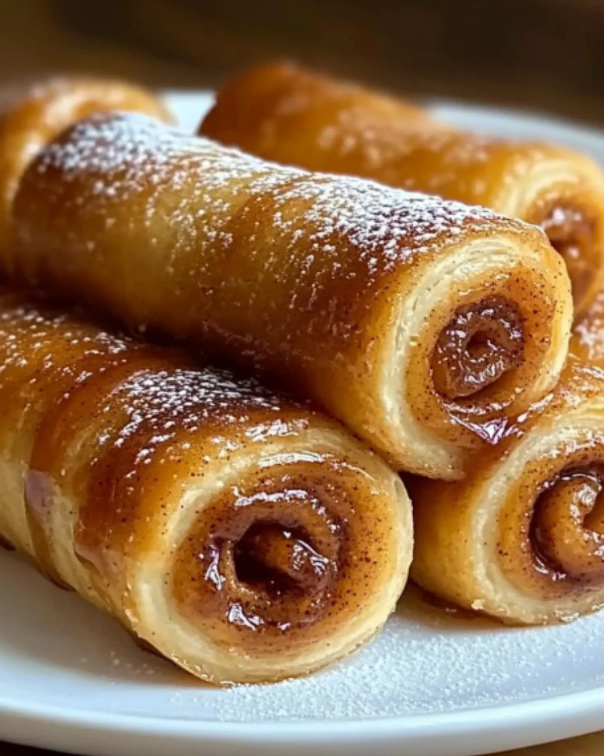 Glazed cinnamon roll-ups stacked on a plate, showing detailed cinnamon swirls and flaky pastry edges.