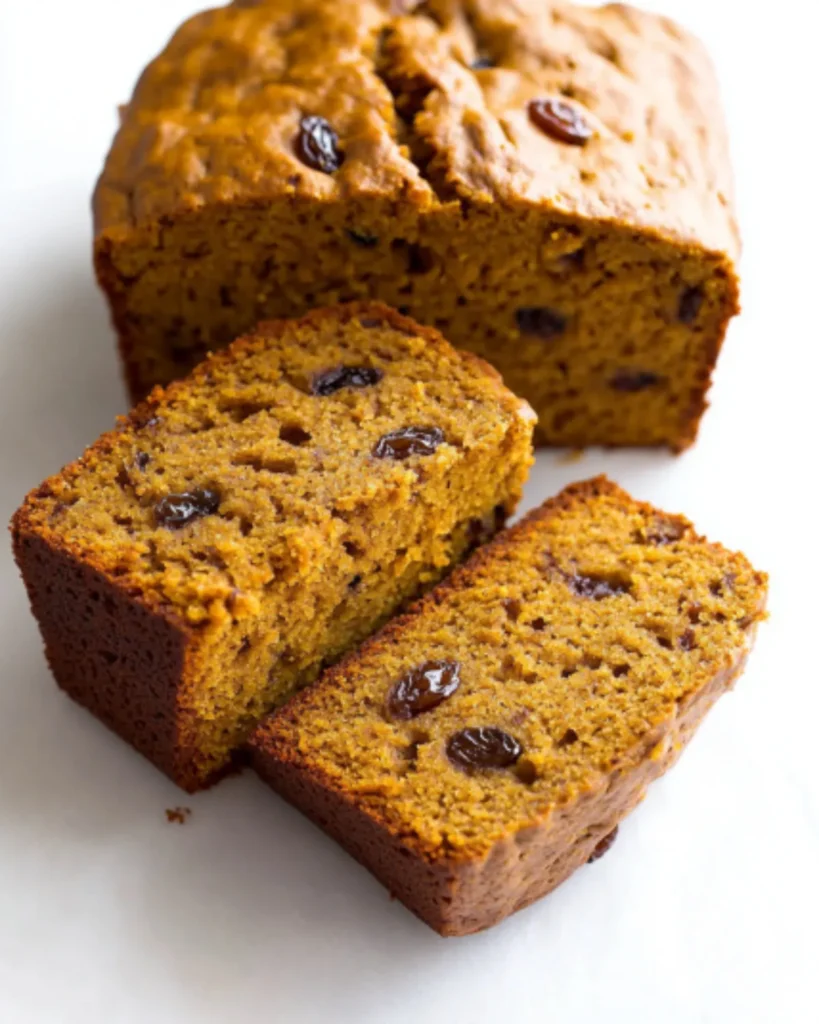 Sliced healthy no sugar pumpkin banana bread with raisins on a white surface