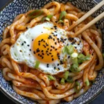 Chili garlic udon noodles topped with a sunny side-up egg, black sesame seeds, and scallions in a patterned ceramic bowl