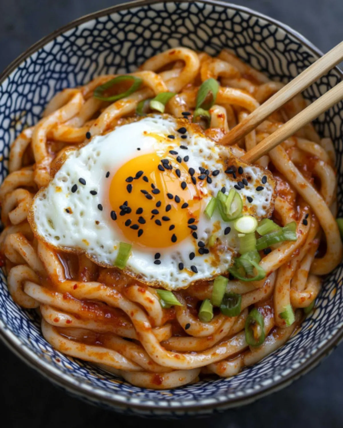 Chili garlic udon noodles topped with a sunny side-up egg, black sesame seeds, and scallions in a patterned ceramic bowl