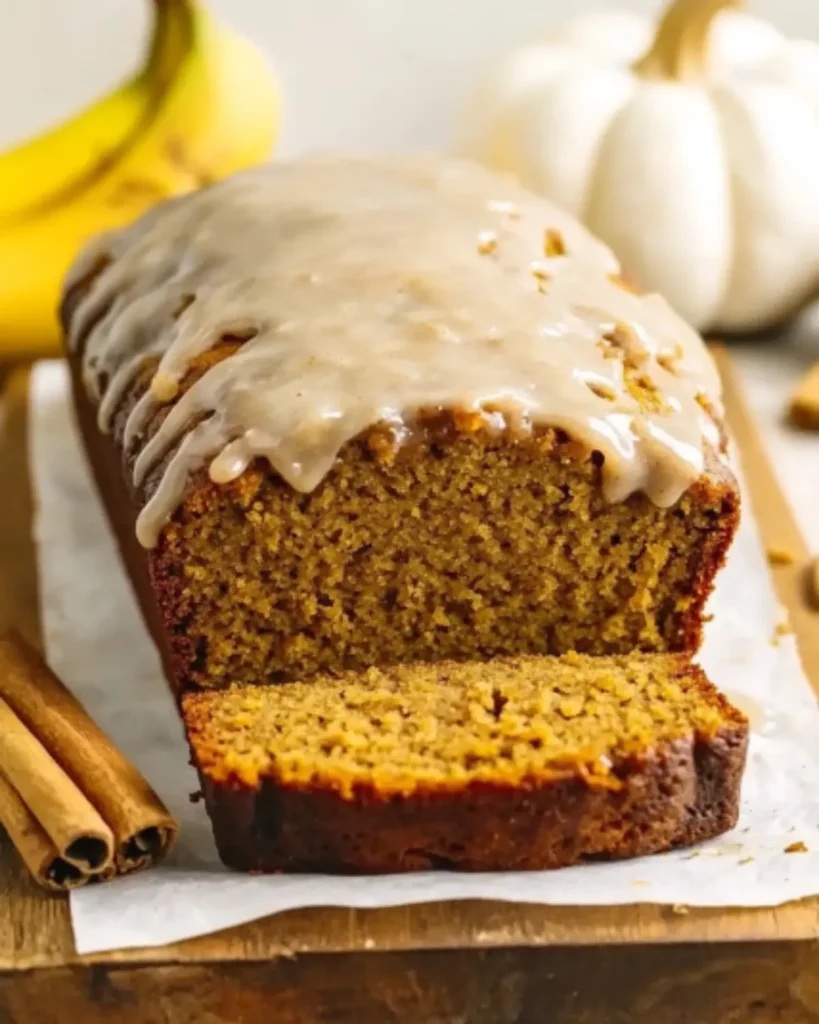 Front view of moist pumpkin banana bread with maple glaze, sliced and displayed with bananas and cinnamon sticks for a cozy fall recipe look