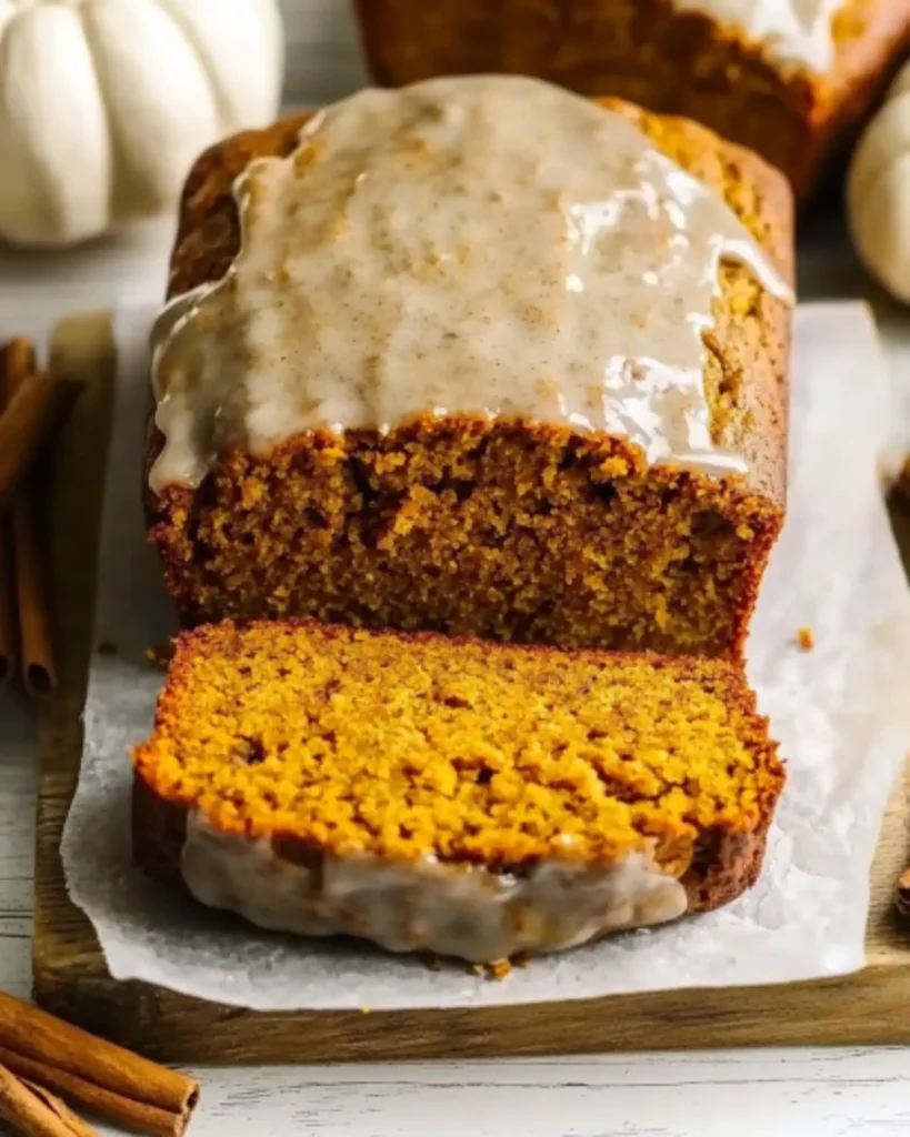 Close-up of sliced pumpkin banana bread with maple glaze on a rustic white board, styled with fall decor and natural lighting