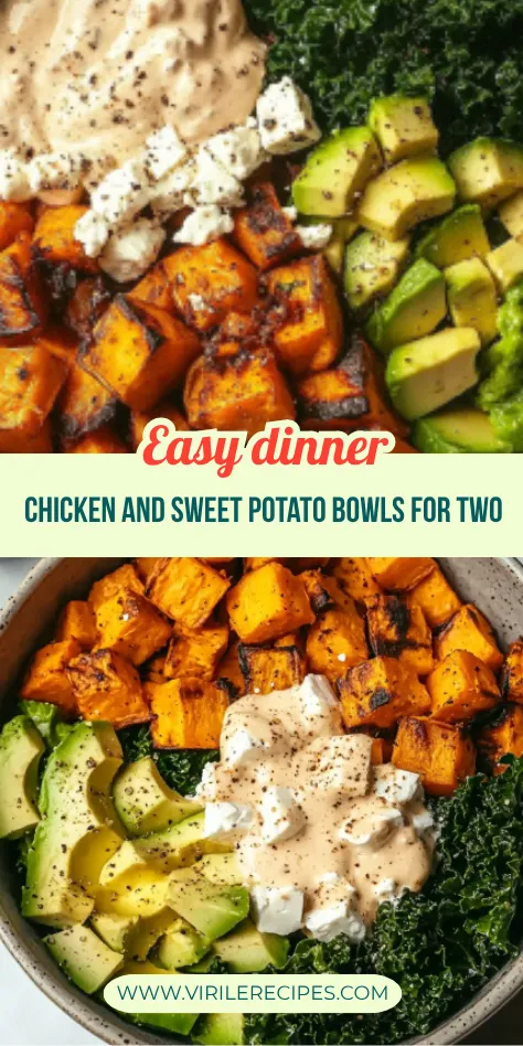Bowl of roasted sweet potatoes, kale, feta cheese, avocado, and creamy dressing – healthy chicken and sweet potato meal idea for dinner.