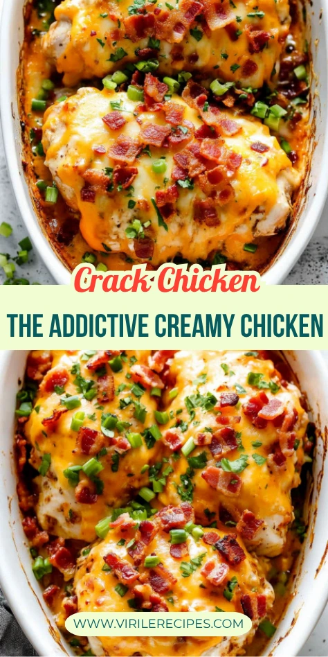 Oven-baked crack chicken topped with melted cheddar and bacon in a casserole dish with text overlay