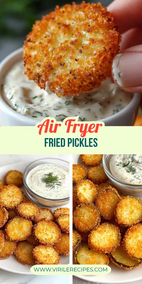 Crispy air fryer fried pickle chips dipped in creamy dill sauce and served on a white plate with homemade dip