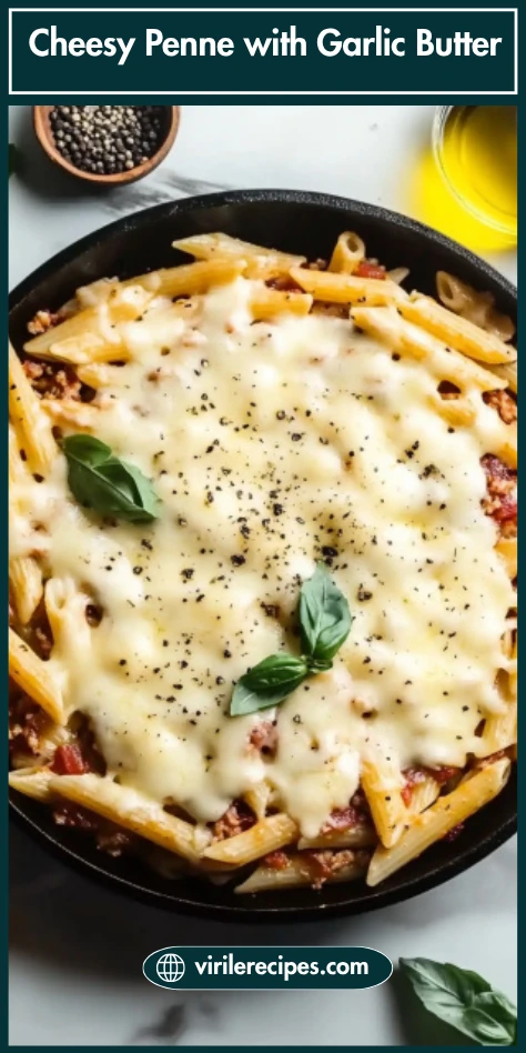 Vertical pin of garlic butter penne pasta with ground beef and cheese, garnished with basil, featuring virilerecipes.com URL.