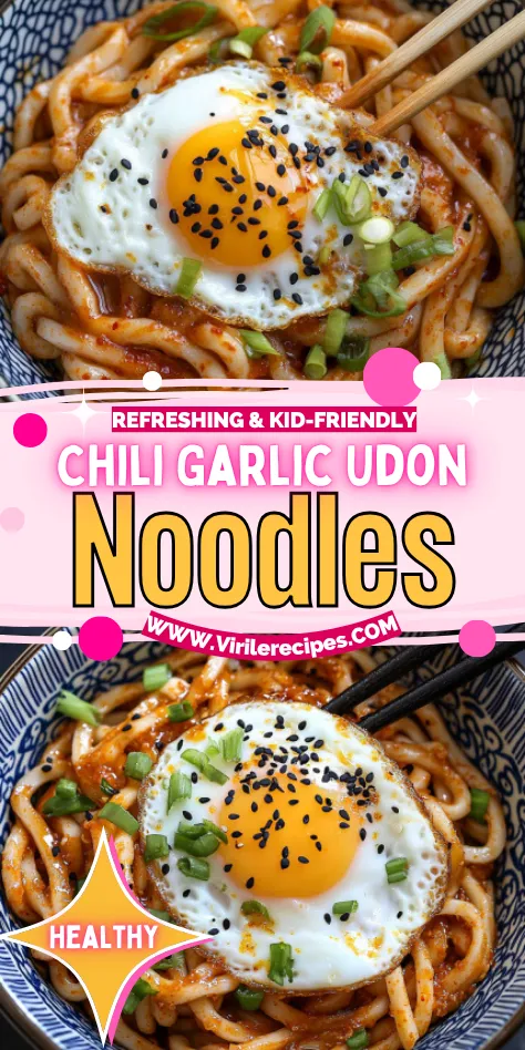Chili garlic udon noodles topped with a fried egg, scallions, and sesame seeds in a patterned bowl, highlighted as kid-friendly and healthy