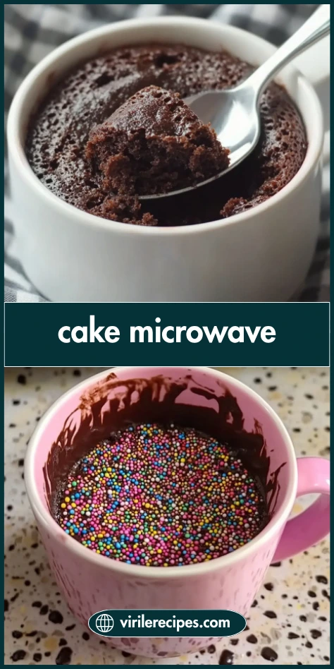Two styles of microwave chocolate mug cakes, one with sprinkles and one plain, with “cake microwave” title