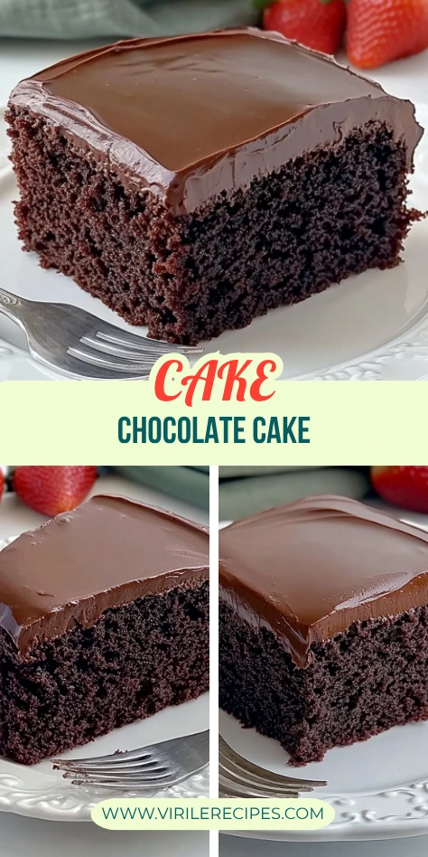 Double view of rich chocolate cake slices on plates with creamy chocolate frosting and strawberries