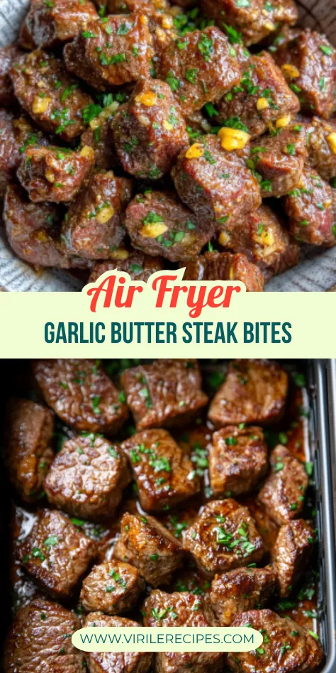 Juicy air fryer garlic butter steak bites served in a bowl and cooked to golden perfection with fresh herbs.
