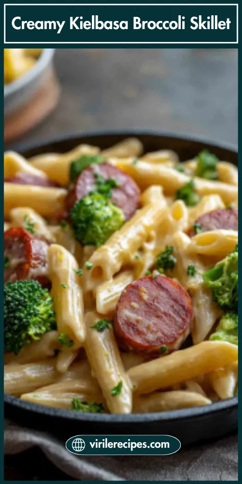 Close-up of creamy kielbasa sausage, broccoli, and penne pasta in a rich cheddar cheese sauce served in a black bowl.