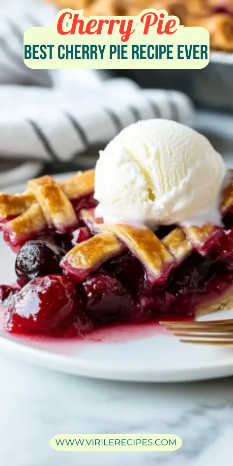 Close-up of a slice of cherry pie with golden lattice crust, juicy cherry filling, and a scoop of vanilla ice cream on a white plate