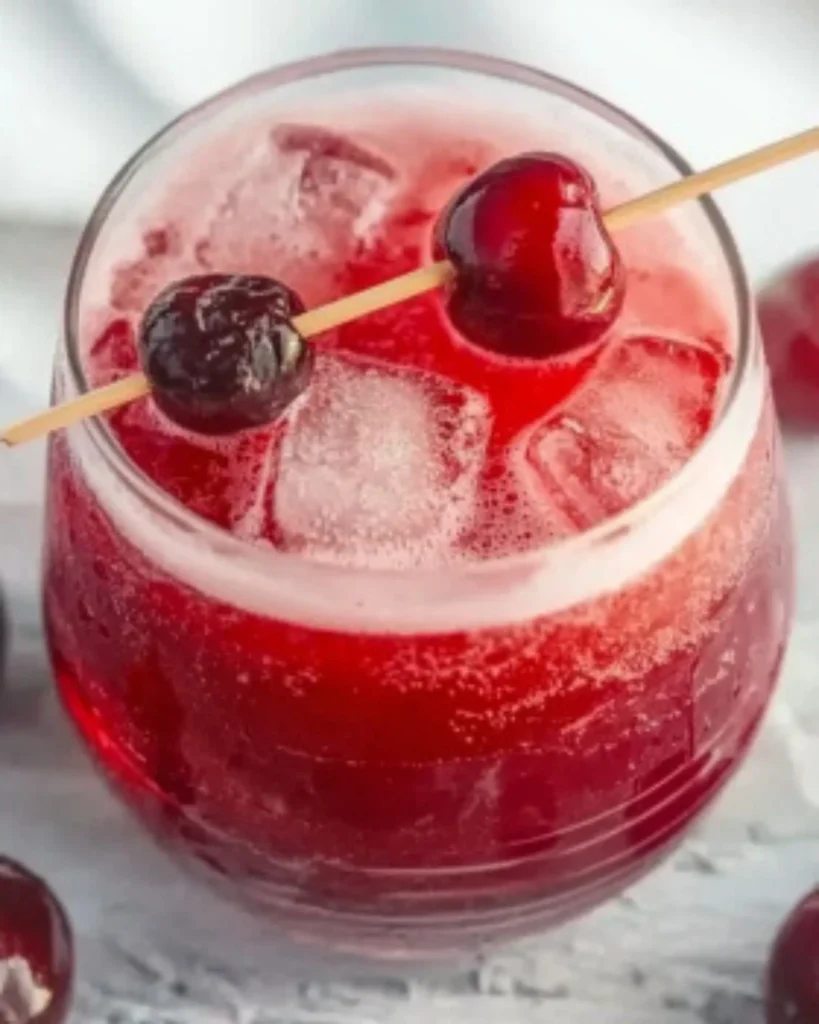 Cherry soda with ice and whole cherries on a skewer in a rounded glass