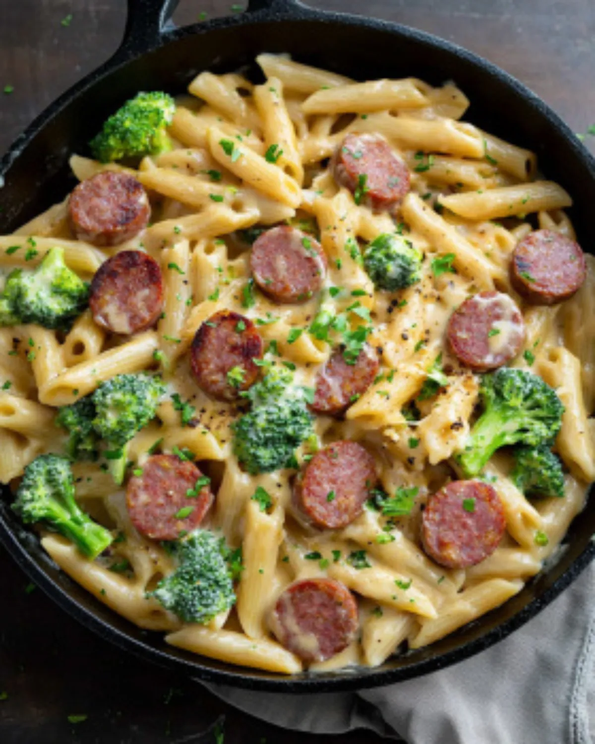 Creamy kielbasa and broccoli pasta skillet with cheddar cheese sauce in a cast iron pan