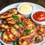 Golden-brown air fryer chicken tenders served with ketchup and creamy dipping sauce.