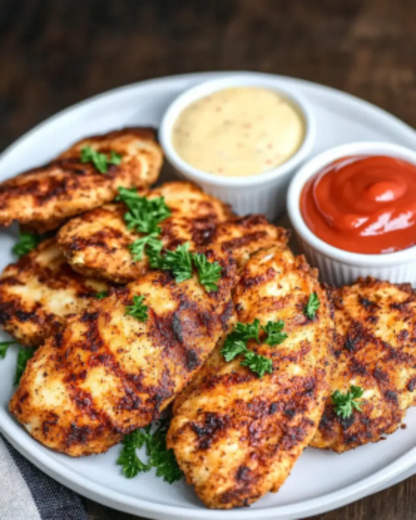 Golden-brown air fryer chicken tenders served with ketchup and creamy dipping sauce.