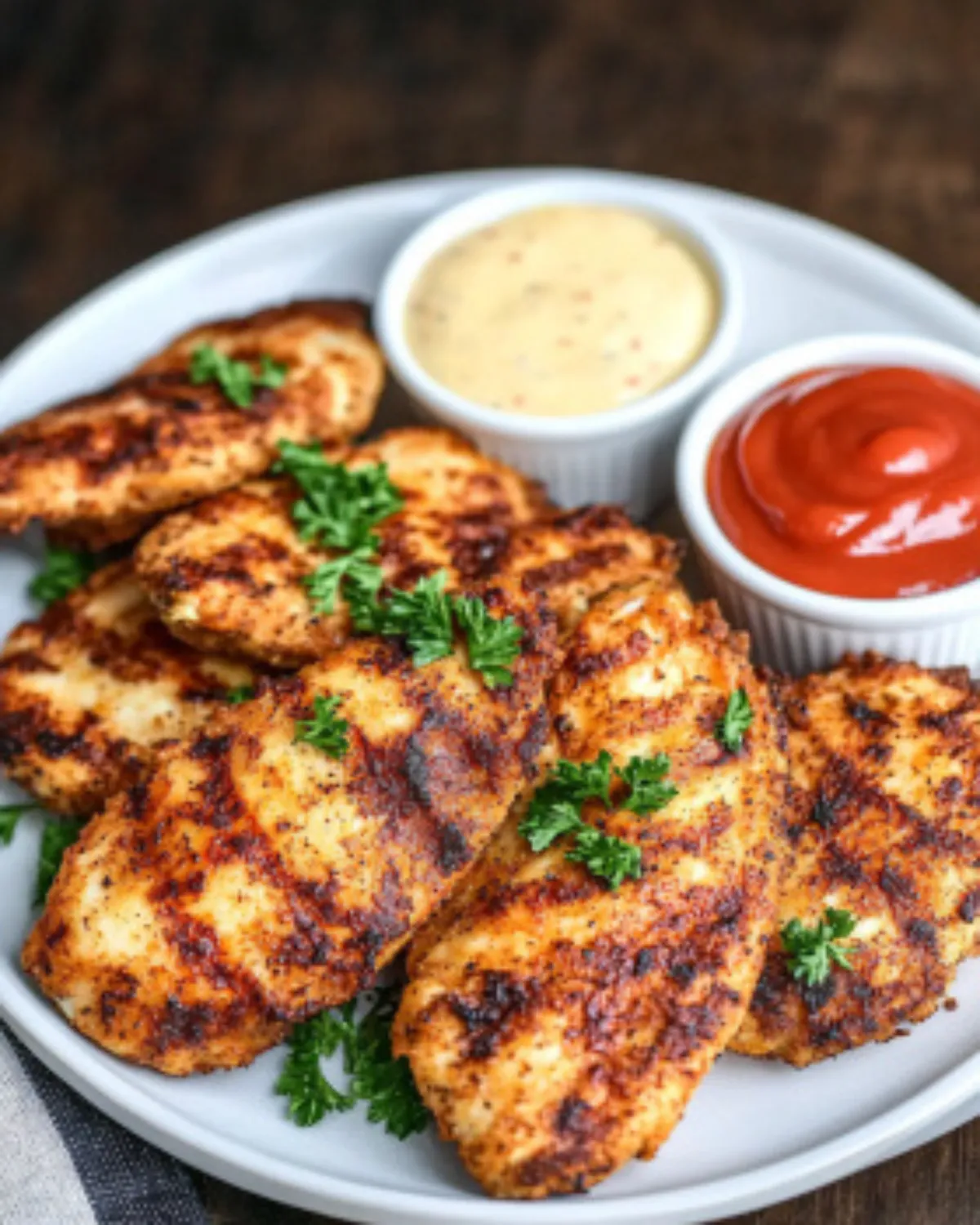 Golden-brown air fryer chicken tenders served with ketchup and creamy dipping sauce.