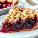Close-up of cherry crumb pie slice with golden streusel topping and juicy cherry filling on a white plate