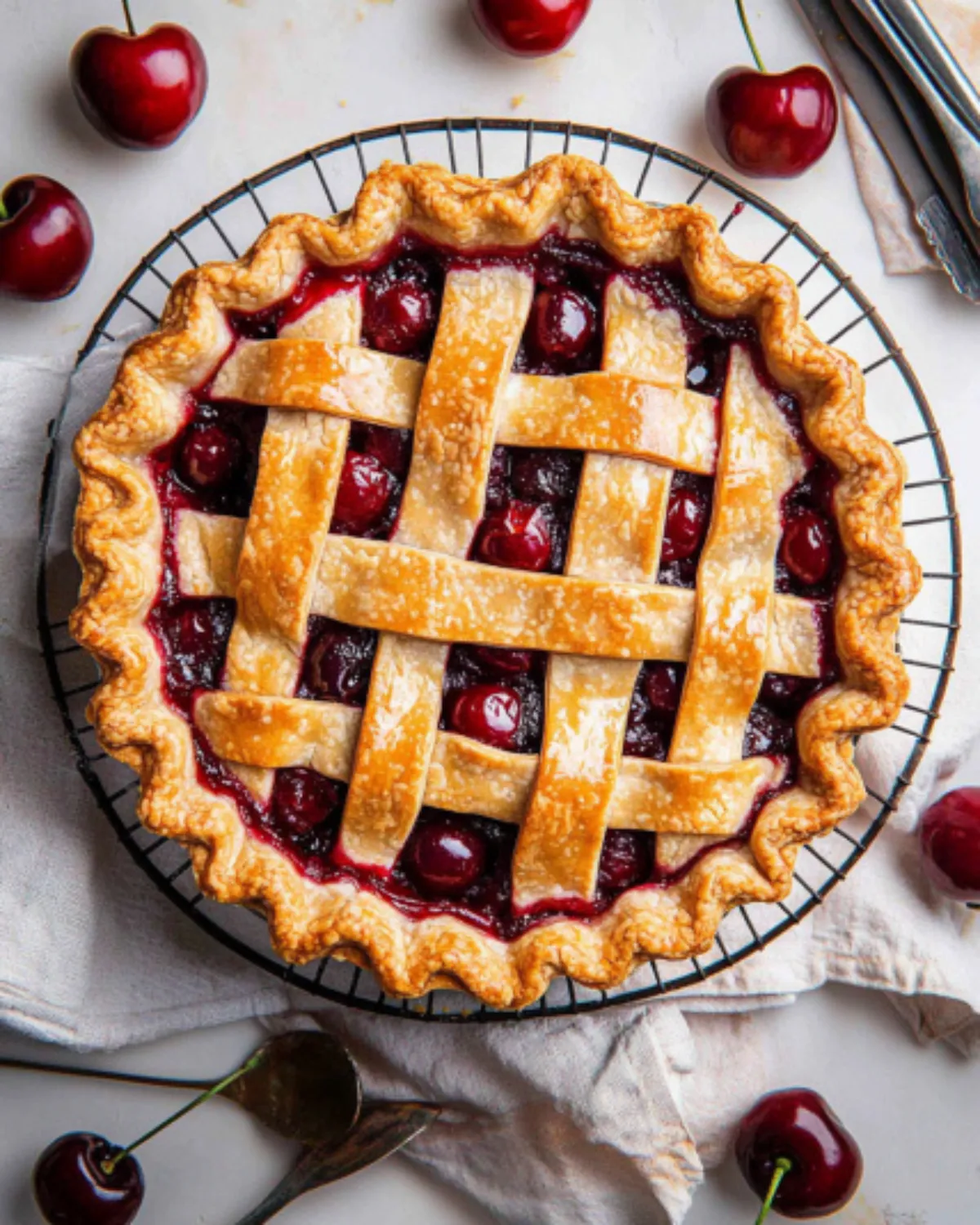 Overhead view of a freshly baked cherry pie with a golden lattice crust and bubbling cherry filling on a cooling rack.