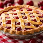 Close-up of a homemade cherry pie with flaky lattice crust and red cherry filling in a glass pie dish on a red checkered tablecloth