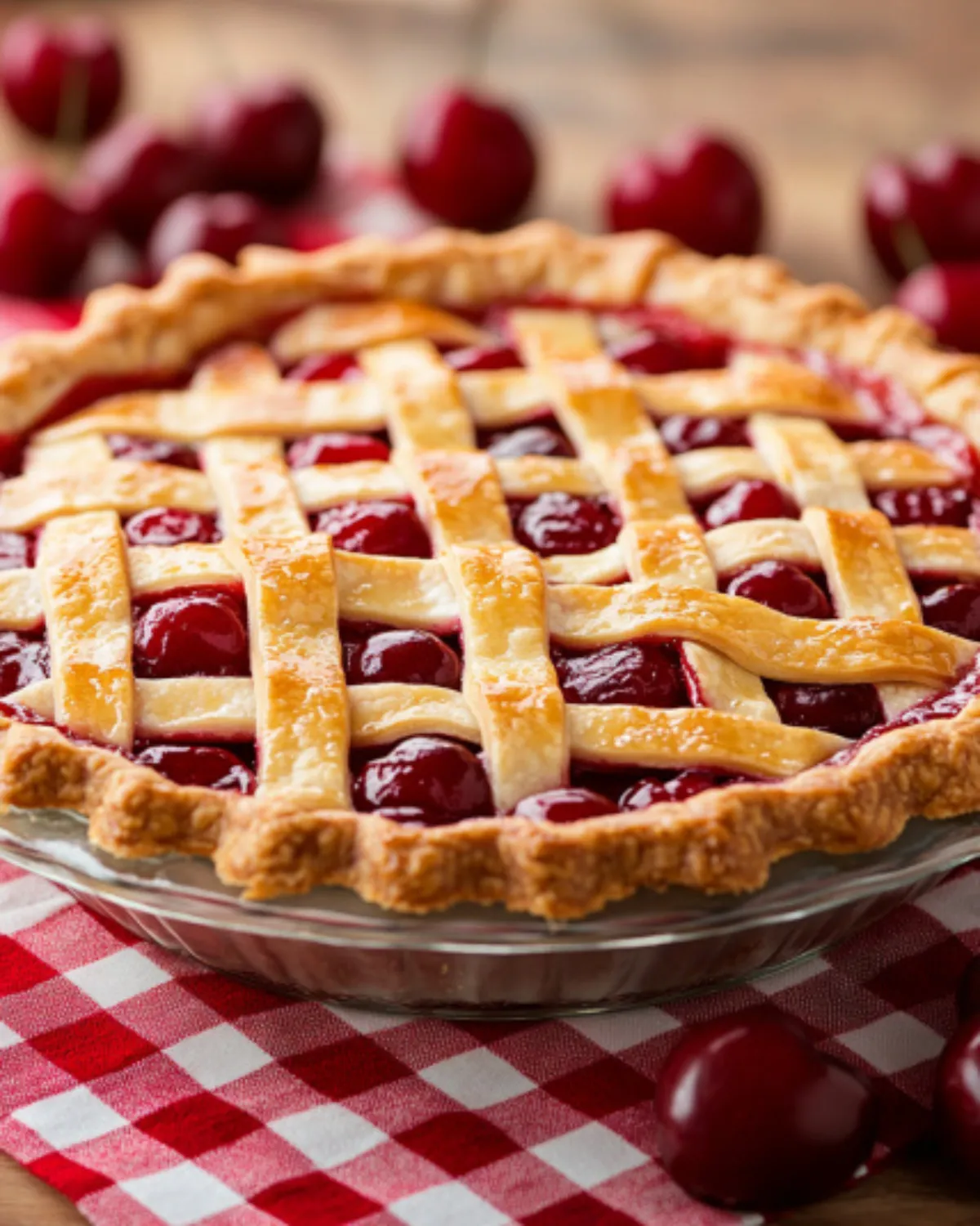 Close-up of a homemade cherry pie with flaky lattice crust and red cherry filling in a glass pie dish on a red checkered tablecloth