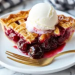 Slice of homemade cherry pie with golden crust and vanilla ice cream on a white plate with a gold fork