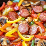 Sliced kielbasa sausage sautéed with red, yellow, and green bell peppers, onions, and mushrooms in a savory tomato sauce.