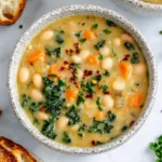 Overhead view of creamy Tuscan white bean soup with carrots and parsley, served in ceramic bowls with crusty bread