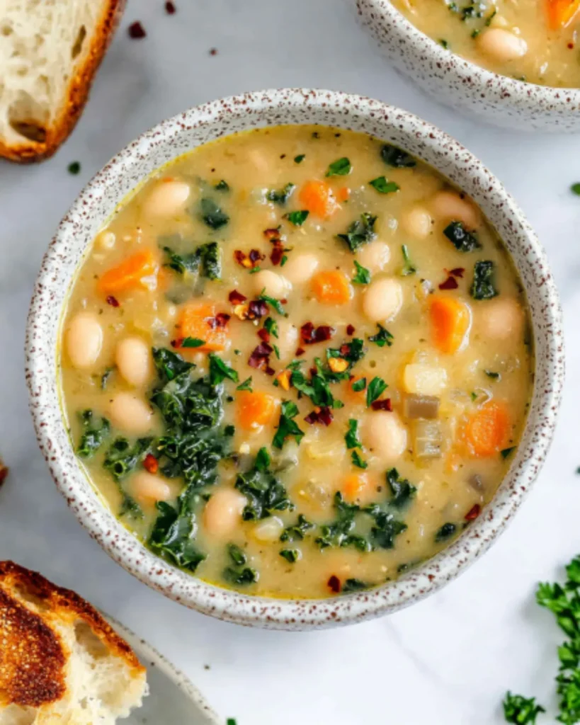 Overhead view of creamy Tuscan white bean soup with carrots and parsley, served in ceramic bowls with crusty bread