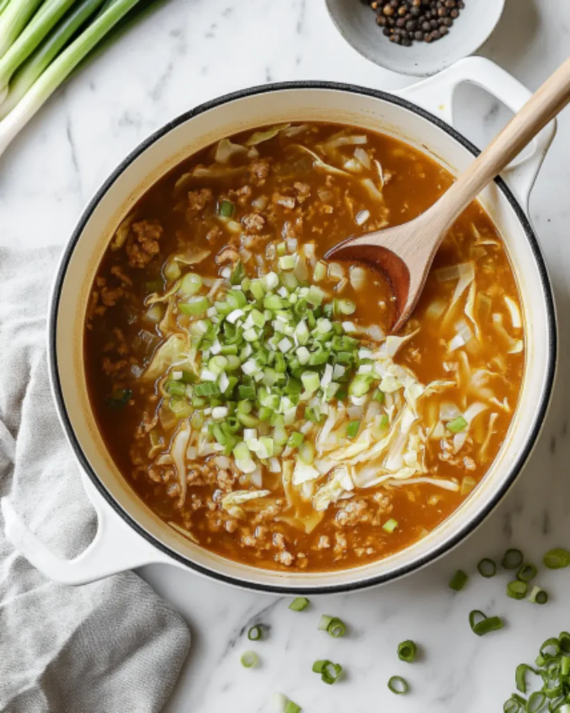 Top-down view of egg roll soup in a white Dutch oven with cabbage, ground pork, and green onions on a marble kitchen counter