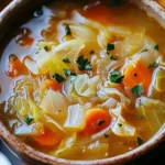 A steaming bowl of cabbage fat-burning soup with carrots, onions, and parsley in a light broth