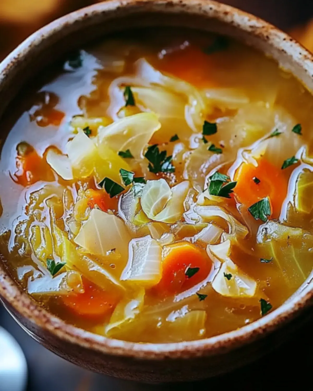 A steaming bowl of cabbage fat-burning soup with carrots, onions, and parsley in a light broth
