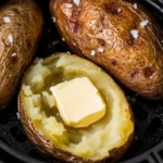 Air fryer baked potato with crispy skin and melting butter in the center